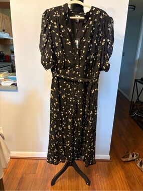DKNY Black Midi Dress with Cream & Yellow Floral Print and Belt